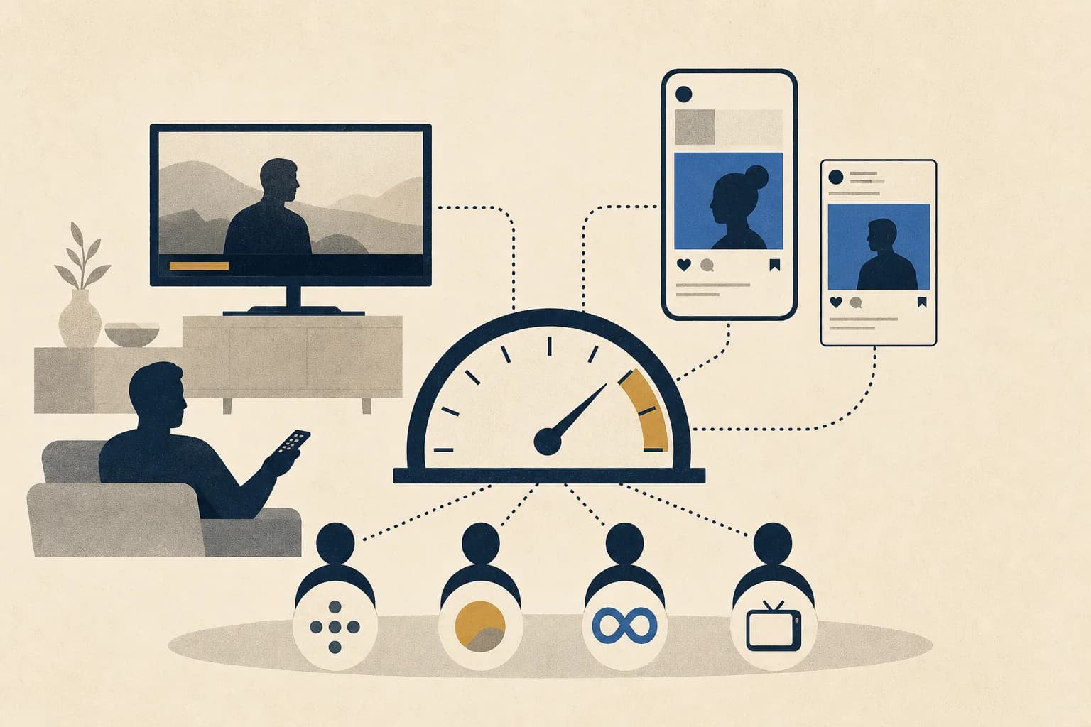 Flat illustration: person watches TV with remote; a gauge/speedometer connects via dotted lines to smartphones and four platform-icon avatars below