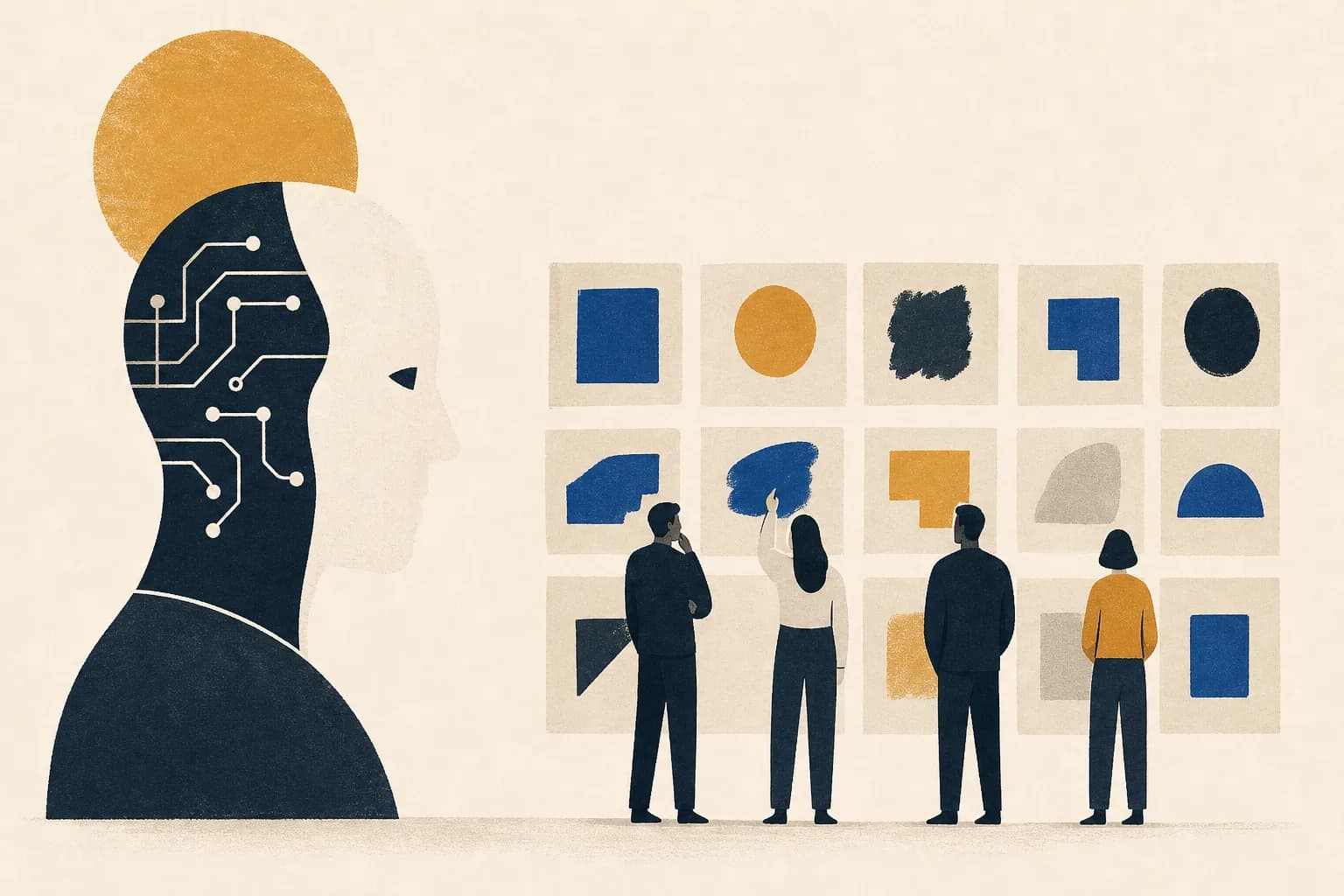 Illustration of giant AI head with circuit-board brain; four people view a gallery wall of abstract geometric artworks in blue, orange, grey